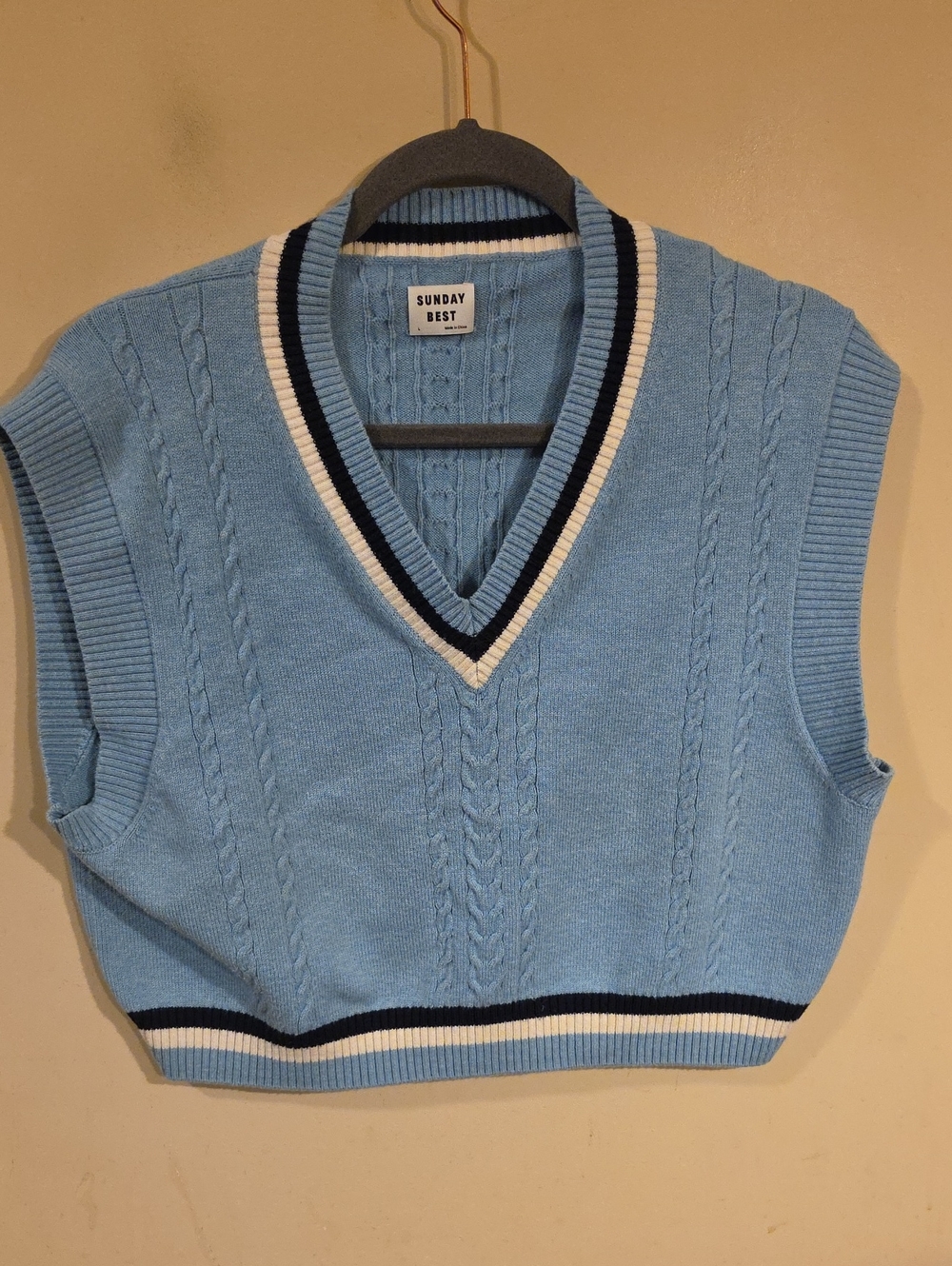 Sunday Best Light Blue Cable Knit V-Neck Sweater Vest Crop